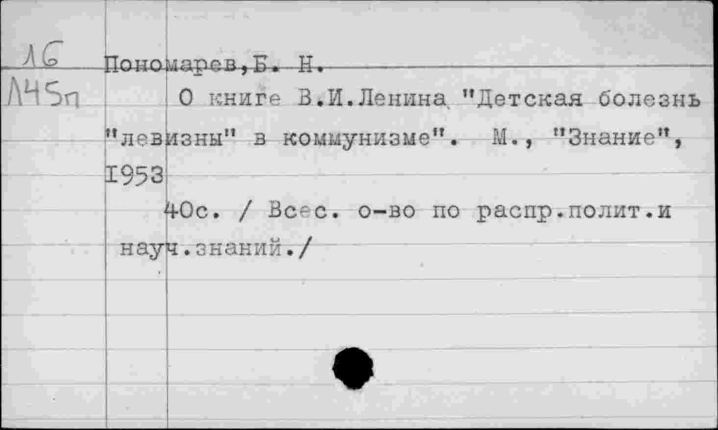 ﻿лс	Пгшгфятюп , К , ГТ. . .		 	 _	—		
ЛЧ5п	0 книге В.И.Лемина ’’Детская болеямь	
	’’лев	изны” в коммунизме”. М., "Знание”,
	тссо	
		4-Ос. / Весе. о-во по распр.полит.и
		
	нау	ч. знаний./
		
		
		
		